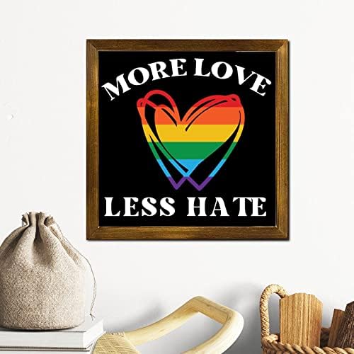 LGBT PRIDE din lemn Semn încadrat mai mult dragoste mai puțin ură curcubeu inimă arta din lemn perete clasic clasic și mândru arta de perete agățată placa decorațiuni pentru lgbtq queer gay lesbian 12x12 in