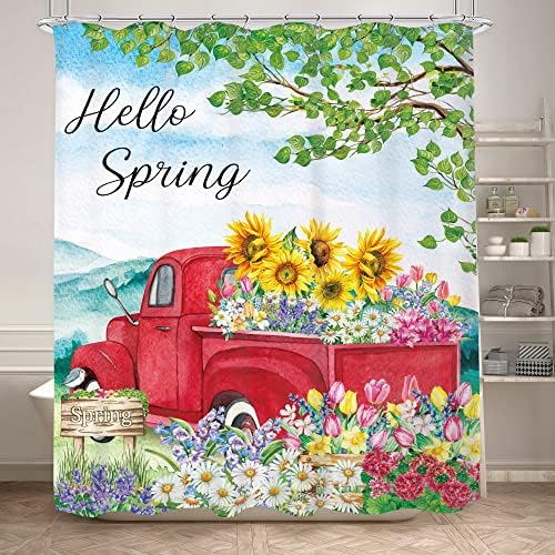 Komllex Hello Spring Roșu Camion Curta de duș pentru decor pentru baie 60wx72H inci Aparitor Aparitor Floral Rustic Likup Farmhouse