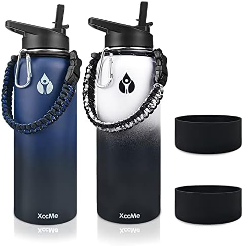 Sticlă de apă izolată XCCME, sticle de apă de 32 oz, 2 pachete sticle de apă din oțel inoxidabil, sticlă de apă cu perete dublu cu paie, cizme de silicon și mâner de paracord, sticlă de apă sportivă