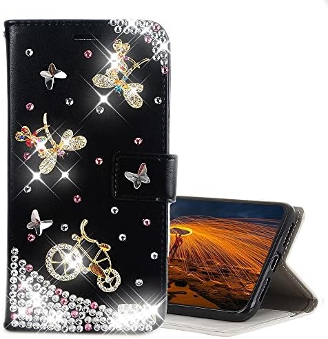 Husă pentru telefon portofel cu sclipici compatibilă cu LG K51 2020, AS - Zeke 3d Handmade Dragonfly Bicycle Stras Crystal Bling Design Carcasă Carcasă cu Protector de ecran [pachet 2] - Negru