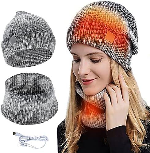 Set de încălzire pentru pălărie și gât încălzit, MoreChioce 2 în 1 5v Set de eșarfe pentru Pălărie de iarnă USB reîncărcabil electric pentru încălzire pentru gât pălărie încălzită pentru femei bărbați, Gri