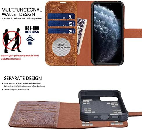 Carcasă Portofel RMAWRAD pentru iPhone 12 Pro Max carcasă din piele reală 6.7, carcasă magnetică detașabilă din piele naturală 2in1, Husă Flip Folio cu Slot pentru Card ,încărcare fără fir [blocare RFID]
