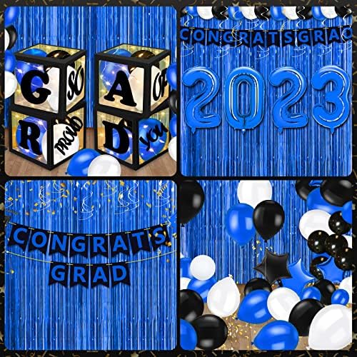 Seturi de decorațiuni pentru petrecerea de absolvire 2023, Decorațiuni de absolvire negru și albastru cu cutii de baloane ușoare, baloane și Banner, decor ideal Congrats Grad pentru liceu, colegiu