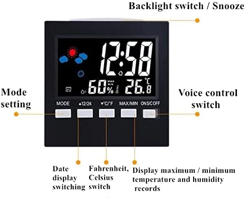 Yebdd Color LCD digital alarmă de alarmă temperatură umiditate control voce voce snooze timp de noapte nocturn vremea previziuni previziune