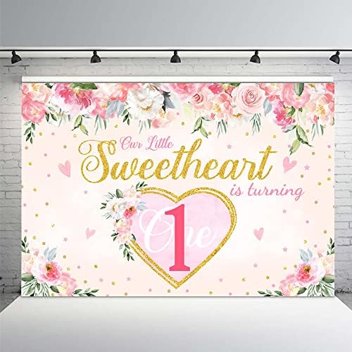 Mehofond 7x5ft Valentine 1st Birthday Party Party for Girl Little Sweetheart One Bday Bundal Gold Roz Romantic Hearts Floral