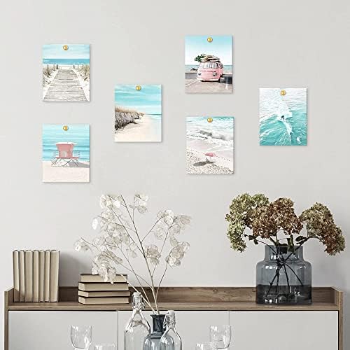 Coastal Art Art Beach Prints Set Decor Set de 6 imagini cu temă de peisaj de vară, bord, scaun de plajă, autoutilitară roz,