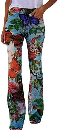 Pantaloni cu imprimeu floral liber pentru femei, cu talie înaltă micro, blugi în suferință evacuați pantaloni de denim de picior