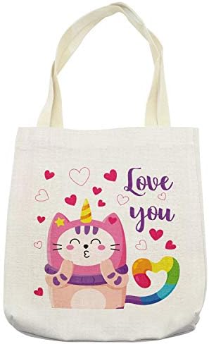 Geanta de tote pentru pisici Amensonne, ilustrare colorată a dragostei you tipography doodle unicorn personaj și inimi, lenjerie