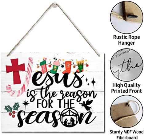 Semnul de suspendare a ușii din lemn de Crăciun de iarnă, „Isus este motivul sezonului”, semn de Crăciun fericit, semn de iarnă,