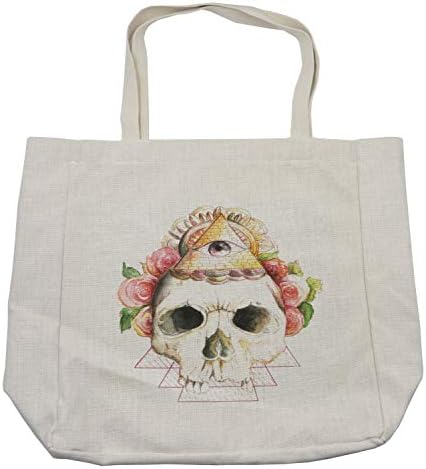 Geanta de cumpărături cu craniu Ambesonne, craniul tradițional de zahăr mexican cu semn de ochi și triunghi geometric, geantă reutilizabilă ecologică pentru plajă pentru alimente și multe altele, 15,5 x 14,5, cremă