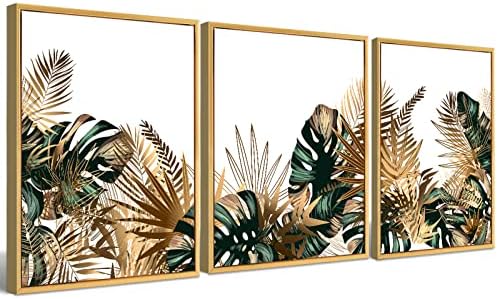 Artă de perete de plante cu cadru cu încadrare simplă tropicală frunze verzi decorațiuni de perete Boho Palm imprimeu botanic poze minimaliste decorațiuni de casă pentru living dormitor baie 12x16 inci cadru auriu, 3 pc