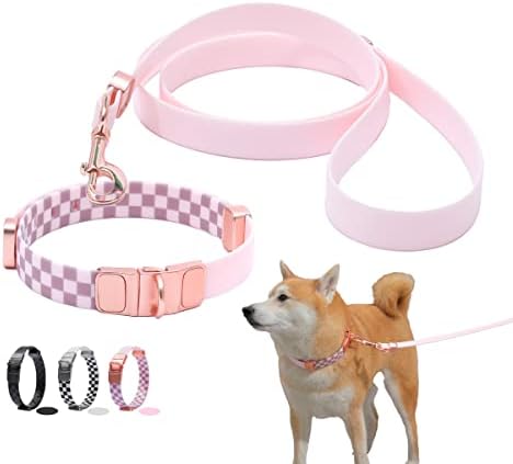 Hi-Hixo guler de câine impermeabil și set de lesă | Guler elegant ușor curat de miros curat | Lesa de câine de 6 picioare grele și 12,5 ”-16,5” guler de verificare roz | Reglabil moale pentru câine mare mediu