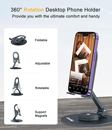 JKOailiwi Telefonul mobil rotativ pentru încărcătorul Magsafe, suportul de telefon reglabil din aluminiu pentru birou pentru birou, stand de telefon mobil compatibil cu iPhone 14 13 12, iPad și toate telefoanele