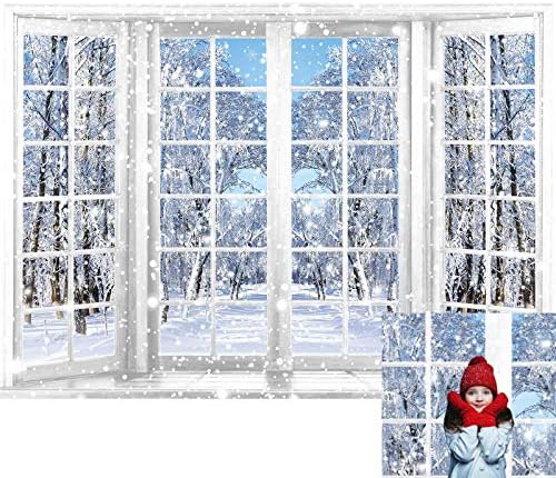Allenjoy 7x5ft Fotografie de iarnă fundal frumos Natură peisaj înzăpezit de la fereastra franceză fundal pentru copii familie Crăciun fericit an nou petrecere decor banner portret foto pompos