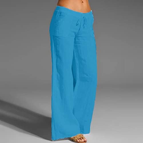 Pantaloni de lenjerie pentru femei cu talie ridicată de culoare solidă de culoare solidă pantaloni cu picioare largi pantaloni de plajă pantaloni de yoga casual cu buzunare