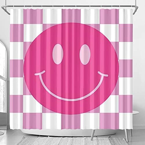 Huanxiangouyue Pink Preppy Smiley Face Curta de duș Retro Retro 70s Hippie Perdele de duș Waterroof pentru adolescenți perdea pentru baie cu 12 cârlige 72x72 inci