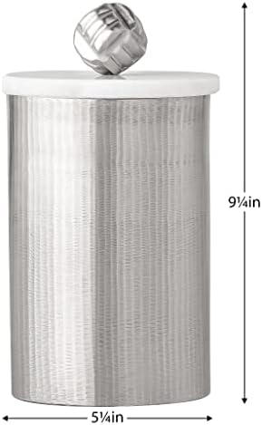 Container de depozitare din aluminiu Torre & Tagus Tomar cu capac de marmură pentru blat - Depozitare pentru decorațiuni metalice și organizator pentru baie Borcan de accent, bumbac cu bumbac QTIP Holder Mid Century, de 9 înălțime, argintiu