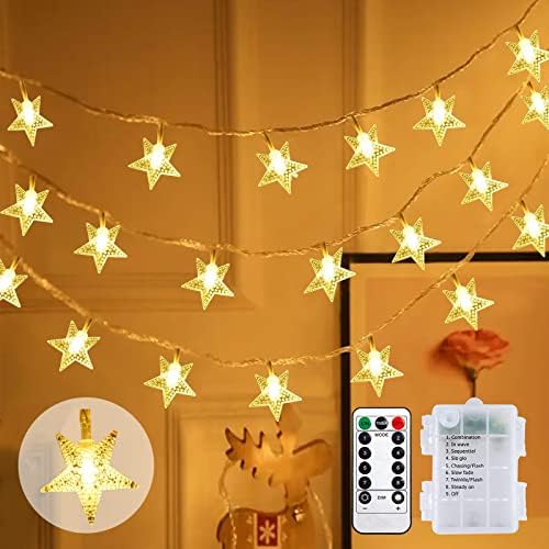 Lumini cu șnur de stele pentru bateria dormitorului, 19ft 40 LED Twinkle Star Christmas Fairy Fairy Lumini decorative cu 8