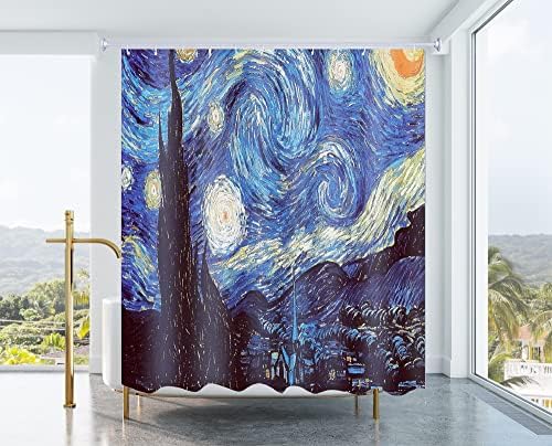 Get Orange Van Gogh Starry Night Night Duș Cortină Polyster Fabric de duș Cortină Seturi de baie cu cârlige 72 x 72 inci
