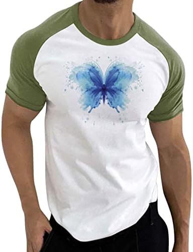 XXBR Tricouri cu mânecă scurtă de vară, bloc de culori pentru bărbați patchwork fluture imprimați tricou rotund pentru gât rotund tricou de antrenament casual