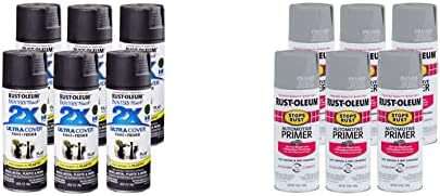 Rust-Oleum 249127-6PK Pictor's Touch 2x Ultra Cover Spray Paint, 12 oz, negru plat, 6 pachet și 2081830-6pk Stop Primer de
