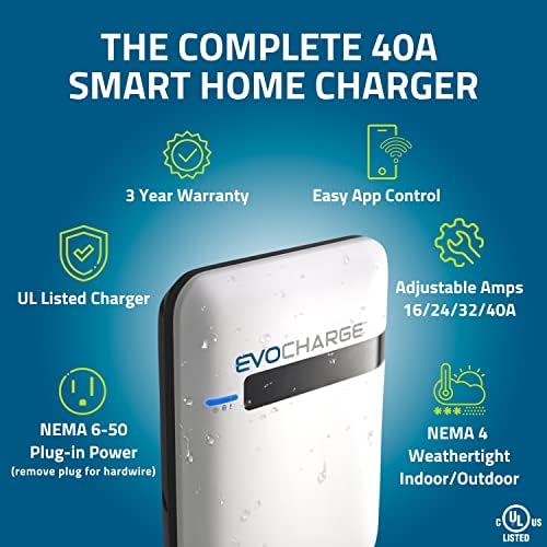 EvoCharge ievse încărcătorul Ev de acasă 40 / Smart Level 2, WiFi activat până la 40 amperi, Cablu de 25 de picioare, 240V,