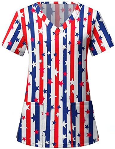 USA Flag tee Shirt pentru femei 4 iulie vara maneca scurta V Neck T Shirt cu 2 buzunare Bluza Top vacanță Casual Workwear