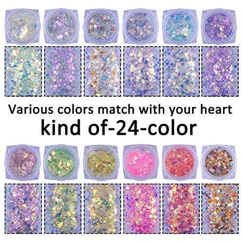 Loveourhome 24 de culori cu sclipici chunky pulbere iridiscentă în formă de hexagon fulgi fine Sfaturi acrilice fine Glitter