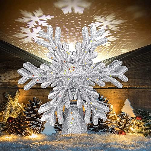 Topper copac de Crăciun luminat, rotativ al alb Fulk de zăpadă Proiector pentru decorațiuni de brad de Crăciun, topper de argint