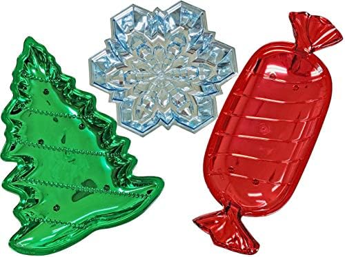 Crăciun Vacanță de iarnă bomboane Dish pachet de 3 tăvi de plastic lucios în bomboane roșu, copac verde, și albastru Fulg De