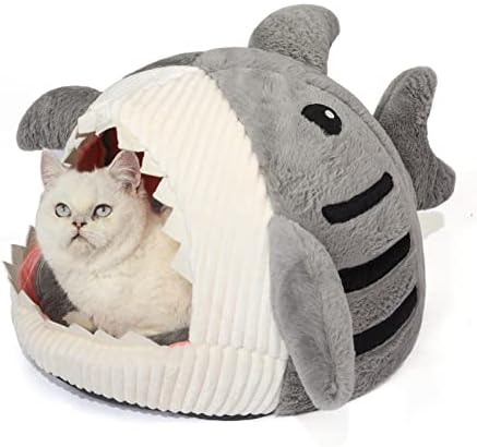 Jiupety drăguț Pat pisica Moale, Interior în formă de rechin cald pisica Pestera cu perna lavabila detasabila pentru pisica,