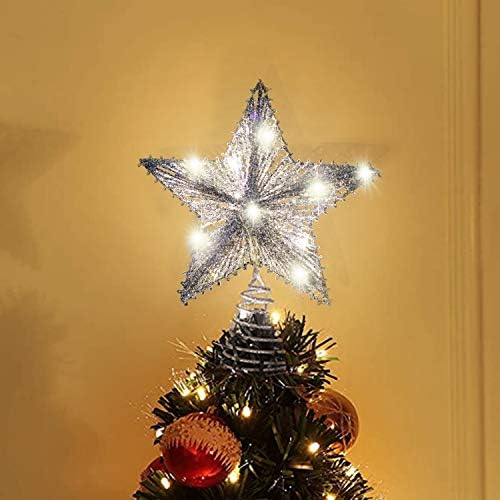 Maiago 10 inci Topper de copac de Crăciun cu 20 de lumini LED, decorațiuni de copaci de Crăciun din metal cu argint pentru