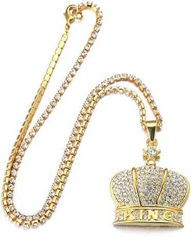 Lanț de aur pentru bărbați Iced Out, 18K Placat Cu Aur Real / platină finisaj de Aur Alb King Letter Crown Pandantiv colier,full