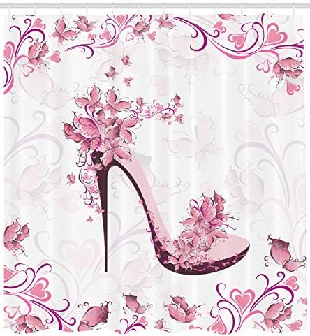 Cortină de duș roz și alb Ambesonne, fluturi și inimi ornamentale pe un model de pantofi cu călcâi înalt, modelul feminin din