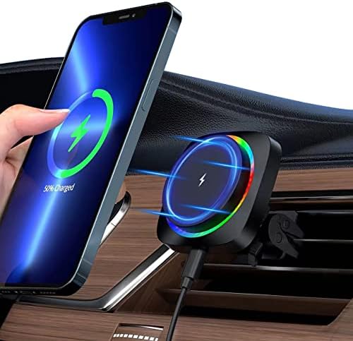 [Spring Shock] Încărcător auto wireless Magnetic Mount Air Vent Suport telefon 【RGB LED Respirație】 15W Compatibil cu Magsafe