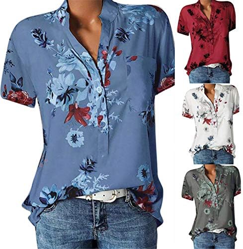 Andongnywell Women V Button cu gâtul cu mânecă scurtă Tunică Tunică în jos cămăși din șifon Bluză tipărită Floral Tunică de