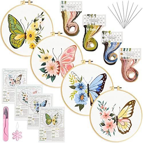 Yalinka 4 seturi de fluture pentru flori de flori kit de pornire pentru începători, kit de cusătură de bricolaj pentru adulți