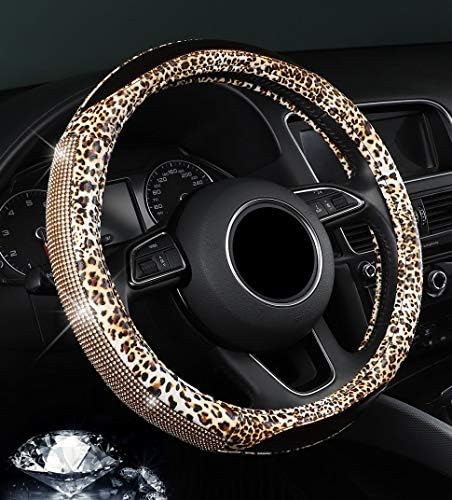 Capac de volan Diamond Diamond Nawataf cu rinones bling Leopard model din piele universal potrivită roată auto de 15 inci