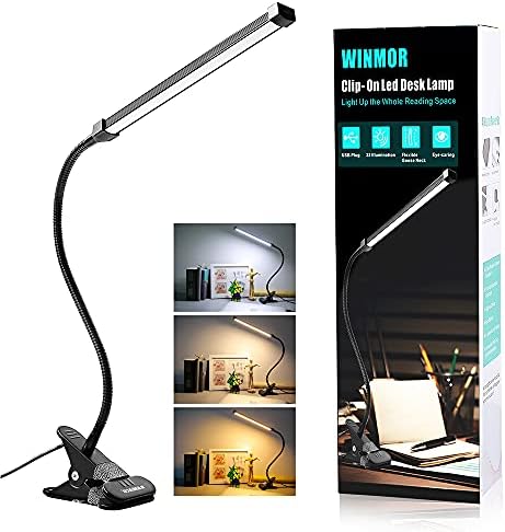 Clip Winmor pe lampa de birou, 3 Culoare 11 luminozitate, 64 LED 10W Carte de citire Lumină cu dop USB, Dimmer fără pas/Off