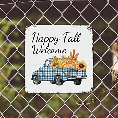 Autumn Buffalo Plaid Camion Metal Semn de dovleac Floarea soarelui Maple frunză Tin Sign Happy Fall Fall Recunoștință Metal