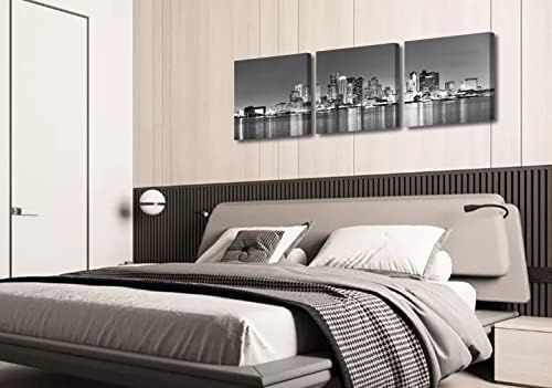 Artă de perete alb -negru Boston Skyline Canvas - 3 piese Oraș Scena de noapte Panoramică Panoramică Imagini Canvas Imprimare