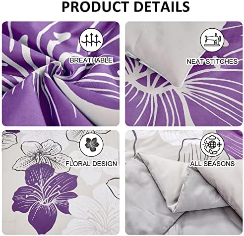 Menghomeus Floral Comforter Set complet - 3 piese Purple Floral Model imprimat pe gri - Set de lenjerie de pat microfibră ultra
