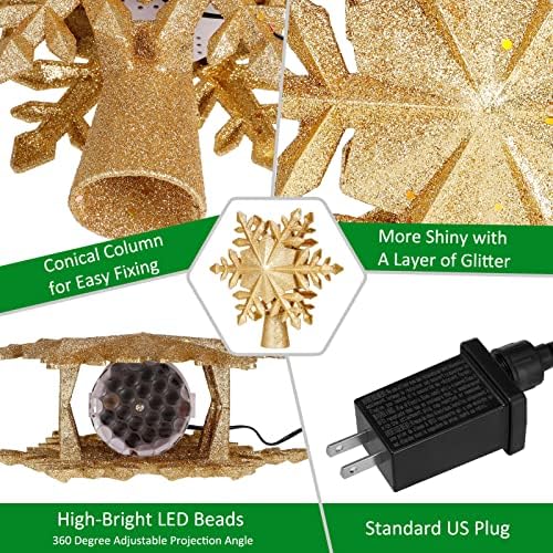Topper pom de Crăciun luminat, Crăciun cu fulgi de zăpadă Topper încorporat LED-uri LED-uri, lumini de proiecție 3D de Crăciun