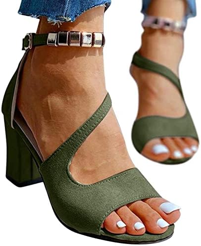 Sandale cu tocuri chunky pentru femei cu curea gleznă cu curea metalică pantofi cu catarame de cataramă de vară sandale cu