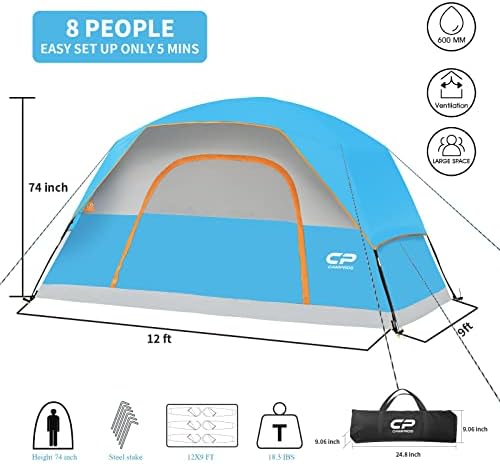 CAMPROS CP cort de camping 6/8 persoană, cort de cupolă de familie rezistent la vânt cu cap de ploaie, ferestre cu plasă mare,