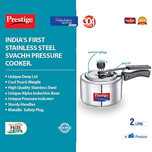 Prestige Nakshatra Alpha Svachh bază de inducție din oțel inoxidabil aragaz sub presiune de 2 litri cu capac adânc pentru controlul
