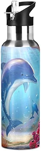 Delfini Alaza cu frumos curcubeu înconjurând sticlă cu capac cu capac de paie vid izolat din oțel inoxidabil, flacon termo