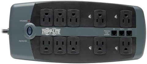 Tripp Lite TLP1008TEL 10 Outlet Surge Protector Power Strip, Cord 8ft, Tel/DSL Protection, RJ11, & Dollar 150.000 Asigurare