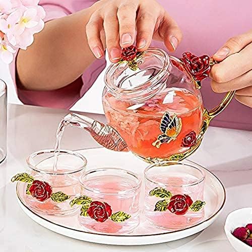 Teapot din sticlă premium - cu 6 căni Franța Email Blue Fluture Fluture Decorfly Teapot de sticlă rezistent la căldură cu filtru