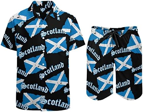 Vintage Scotland Steag pentru bărbați din 2 piese Outfituri pe plajă Button Hawaiian în jos, cămașă cu mânecă scurtă și pantaloni